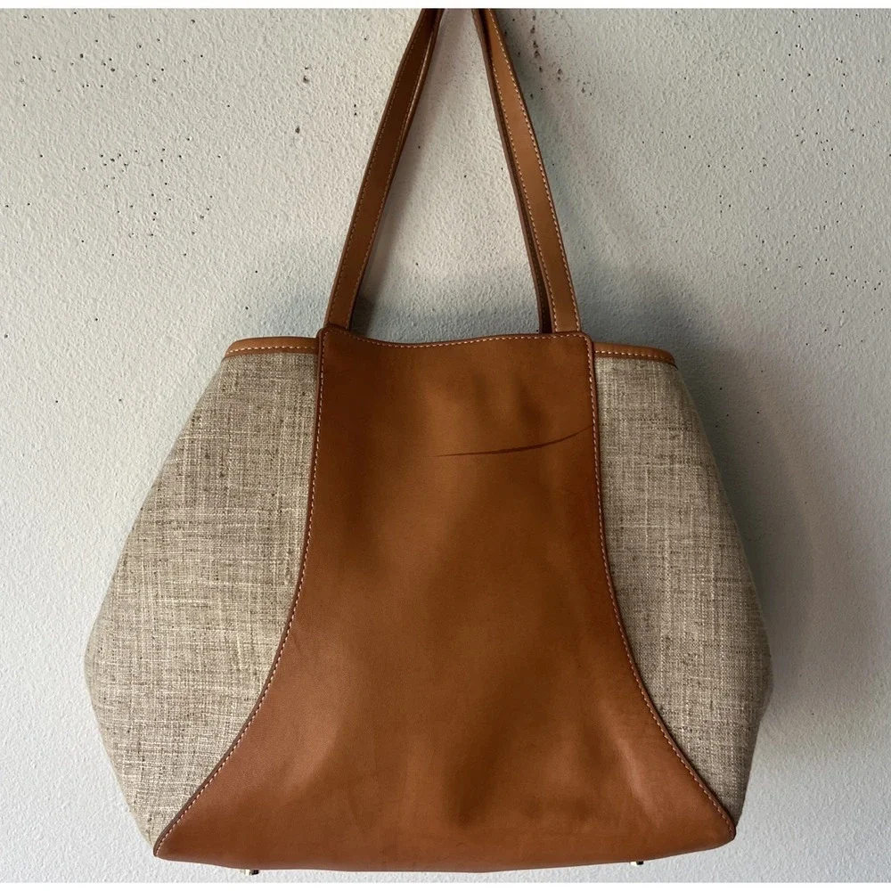J. McLaughlin Tan Leather and Beige Canvas Hobo Bag